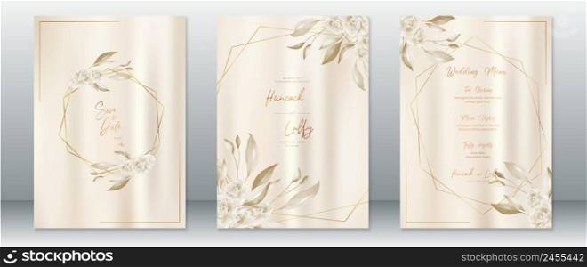 Wedding invitation card template luxury design with gold frame polygon shape and flower bouquet