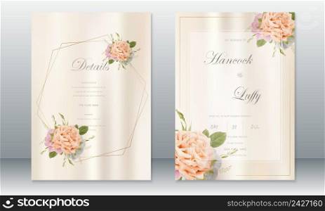 Wedding invitation card template luxury design with golden frame and rose bouquet