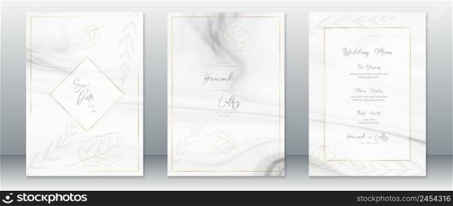 Wedding invitation card template luxury design with white marble texture and gold frame