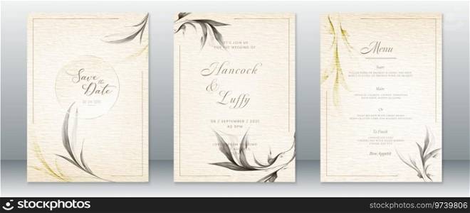 Wedding invitation card template nature leaf design luxury with gold frame and watercolor background 