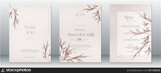 Wedding invitation card template nature leaf wreath design with gold frame and watercolor background