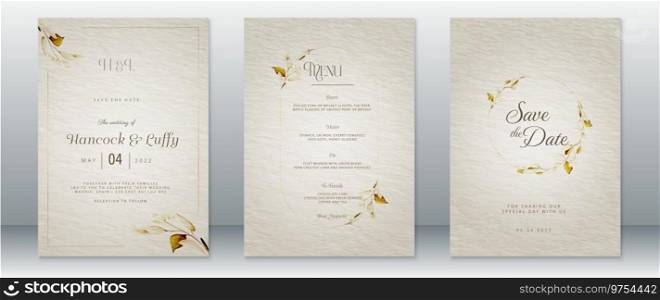Wedding invitation card template vintage design with nature leaf and watercolor background