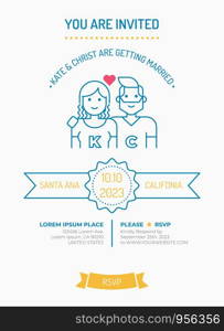Wedding Invitation Card Template with cute bride and groom line avatar illustration