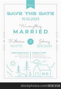 Wedding Invitation Card Template with lodge house line illustration in green mint theme