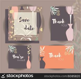Wedding invitation card templates, wedding set with floral seamless pattern, vector illustration