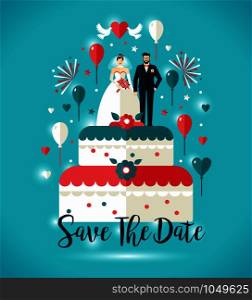 Wedding invitation card. Two on wedding cake with balloons.Vector design illustration.. Wedding invitation card. Two on wedding cake with balloons.