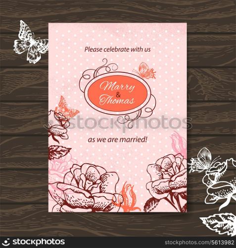 Wedding invitation card. Vintage illustration with hand drawn roses and butterfly