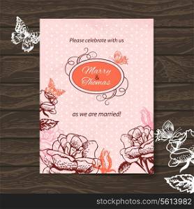 Wedding invitation card. Vintage illustration with hand drawn roses and butterfly