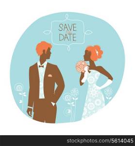 Wedding invitation card. Vintage illustration with newlyweds