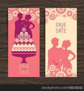 Wedding invitation card. Vintage illustration with newlyweds and cake