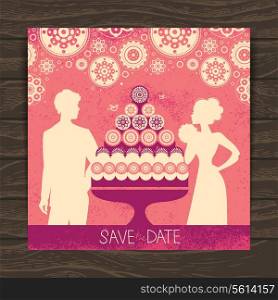 Wedding invitation card. Vintage illustration with newlyweds silhouettes and cake