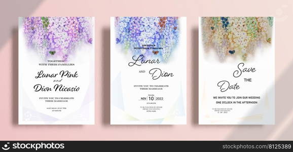 Wedding invitation card watercolor paintings vintage frame set orchid isolated on pink background. Painting colorful orchid flowers. Vector floral hand drawn watercolor paintings style.