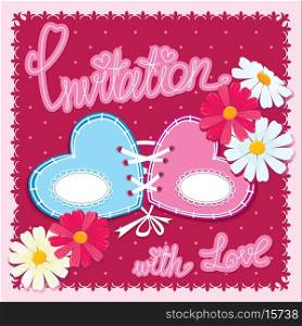 Wedding invitation card with 2 hearts and flowers