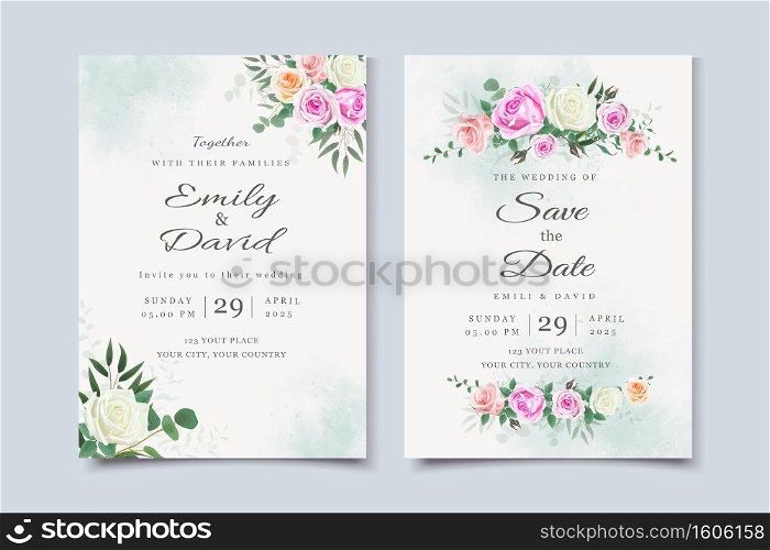 Wedding Invitation Card with Beautiful Blooming Floral and Watercolor Background