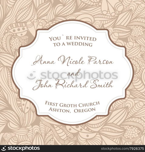 Wedding invitation card with beige seamless pattern.. Beige seamless pattern with openwork leaves. Raster copy of vector image