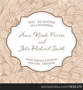 Wedding invitation card with beige seamless pattern.. Beige seamless pattern with openwork leaves. Raster copy of vector image