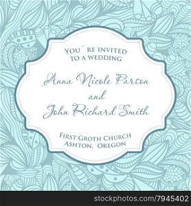 Wedding invitation card with blue seamless pattern.. Wedding invitation card with blue seamless pattern