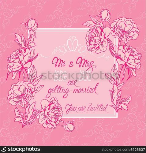 Wedding invitation card with floral elements, flowers, vignette, calligraphic handwritten text on pink background.