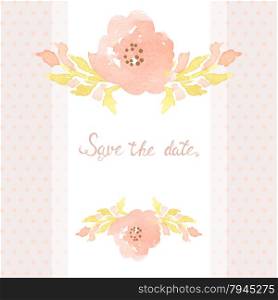 Wedding invitation card with flowers on polka dot background.. Wedding invitation card with flowers on polka dot background. Watercolor painted design with pink rose flowers and leaves
