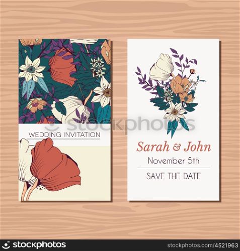 Wedding invitation card with hand drawn flower and ribbon background, vector illustration