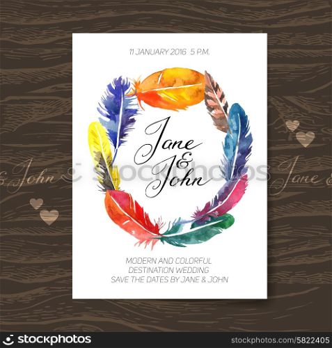 Wedding invitation card with watercolor feathers. Boho design. Vector illustration
