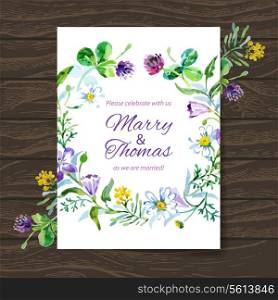 Wedding invitation card with watercolor floral bouquet. Vector background