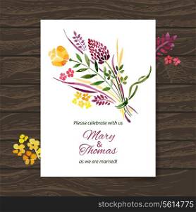 Wedding invitation card with watercolor floral bouquet. Vector background