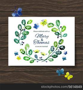 Wedding invitation card with watercolor floral bouquet. Vector background&#x9;