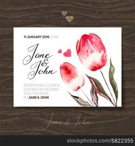 Wedding invitation card with watercolor flowers. Vector illustration