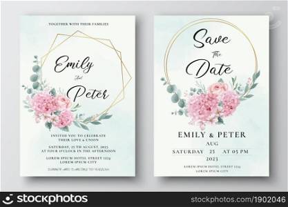 Wedding invitation card with watercolor hydrangea and roses flowers