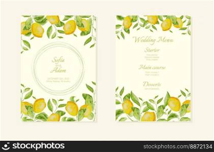 Wedding invitation card with watercolor lemon brunches. Template for greeting, birthday cards, posters with text place. Vector EPS10. Wedding invitation card with watercolor lemon brunches. Template for greeting, birthday cards, posters with text place.