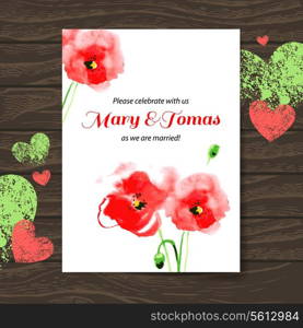 Wedding invitation card with watercolor poppy. Vector wooden background