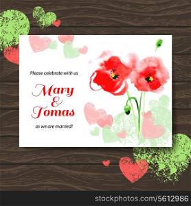 Wedding invitation card with watercolor poppy. Vector wooden background