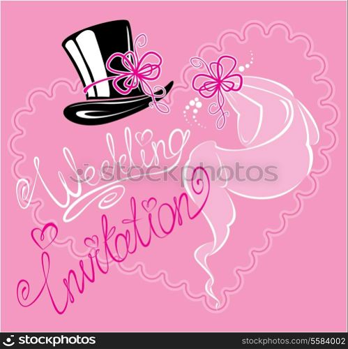 wedding invitation card with wedding veil and groom hat