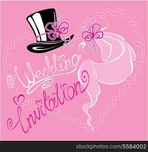 wedding invitation card with wedding veil and groom hat