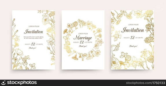 Wedding invitation cards. Floral wedding flyers with wildflowers. Hand drawn gold flowers vintage invitations template. Wedding invitation card, illustration botanical flyer. Wedding invitation cards. Floral wedding flyers with wildflowers. Hand drawn gold flowers vintage invitations template