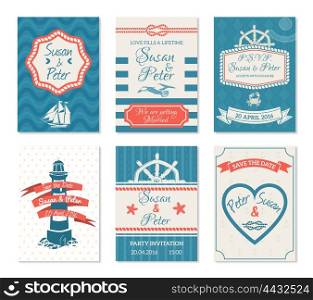 Wedding Invitation Cards In Nautical Style. Flat wedding invitation cards set in nautical style with marine decoration of lighthouse sea waves helm elements isolated vector illustration
