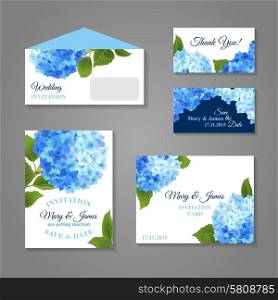 Wedding invitation cards set with hydrangea flower bouquet isolated vector illustration. Hydrangea Invitations Set