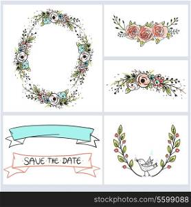Wedding invitation cards template. vector floral frames and ribbons.