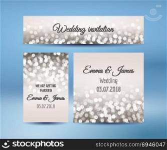 Wedding invitation cards with bokeh lights. Wedding invitation cards in beige colors with bokeh lights, vector illustration