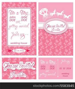 Wedding invitation cards with floral elements, calligraphic handwritten text, carriage and horse.