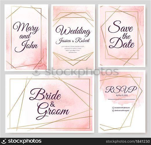 Wedding invitation cards with gold geometric elements and watercolor background. Luxury minimal invitations with polygonal frames vector set. Save date for marriage modern template. Wedding invitation cards with gold geometric elements and watercolor background. Luxury minimal invitations with polygonal frames vector set