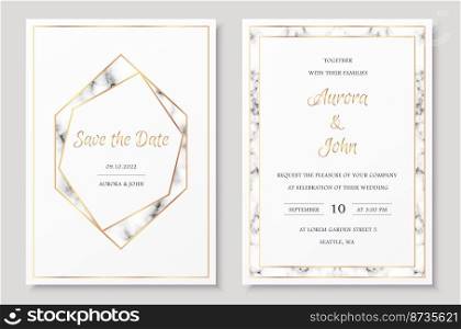 Wedding invitation collection with save the date card vector templates. Elegant invitations set with gold polygonal frames and gray marble texture.. Wedding invitation collection with save the date card vector templates.