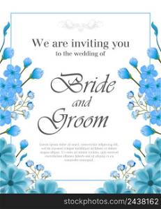 Wedding invitation design with blue frame and forget me nots. Text can be used for invitation cards, postcards, save the date templates