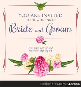 Wedding invitation design with bunch of peonies on pink background. Text in frame can be used for invitation cards, postcards, save the date templates