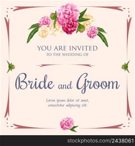 Wedding invitation design with peonies and frame on pink background. Text can be used for invitation cards, postcards, save the date templates