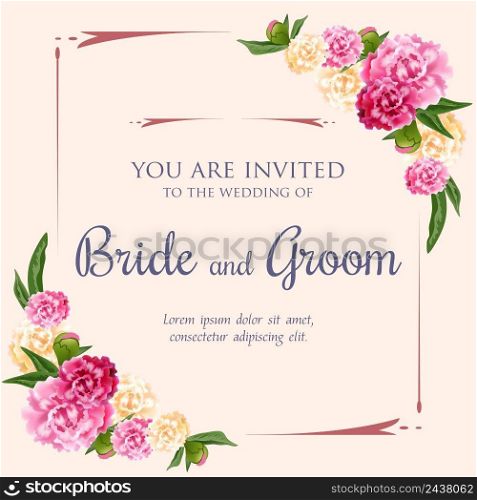 Wedding invitation design with pink and white peonies on pink background. Text in frame can be used for invitation cards, postcards, save the date templates