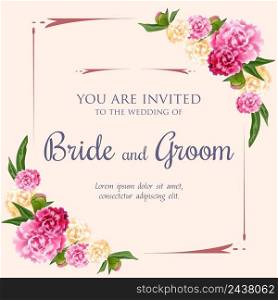 Wedding invitation design with pink and white peonies on pink background. Text in frame can be used for invitation cards, postcards, save the date templates