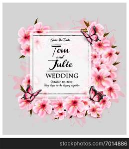 Wedding invitation desing with pink flowers and butterflies. Vector