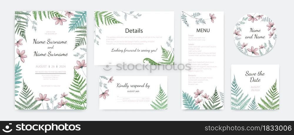 Wedding invitation. Elegant posters or cards with forest foliage and fern. Floral layout design. Celebrations menu and decorative holiday stickers template with herbs and leaves. Vector banners set. Wedding invitation. Elegant posters or cards with foliage and fern. Floral layout design. Celebrations menu and decorative stickers template with herbs and leaves. Vector banners set